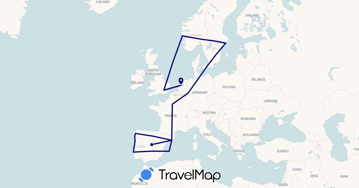TravelMap itinerary: driving in Germany, Denmark, Spain, France, United Kingdom, Netherlands, Norway, Portugal, Sweden (Europe)
